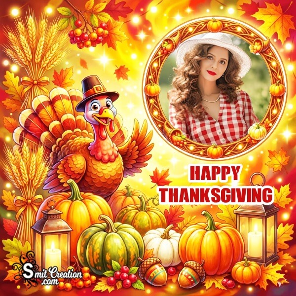 Bright Thanksgiving Photoframe With Turkey And Pumpkins