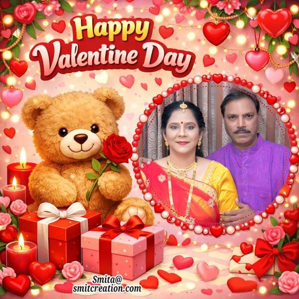 Cute Happy Valentine Day Photoframe With Teddy And Rose