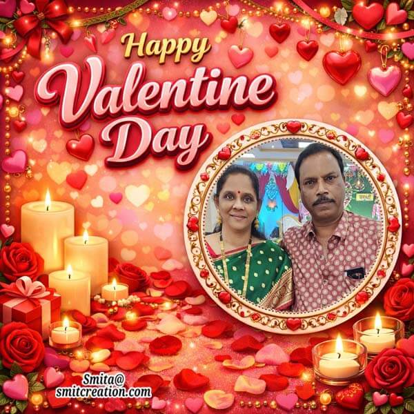 Elegant Happy Valentine Day Photoframe With Rose And Candles