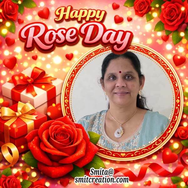 Happy Rose Day Photoframe With Gifts And Rose