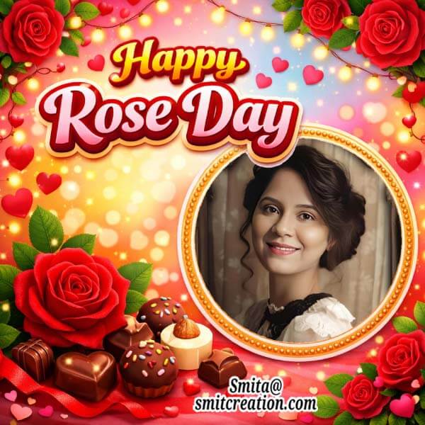 Happy Rose Day Photoframe With Rose And Chocolate