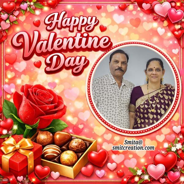 Romantic Happy Valentine Day Photoframe With Rose And Chocolate