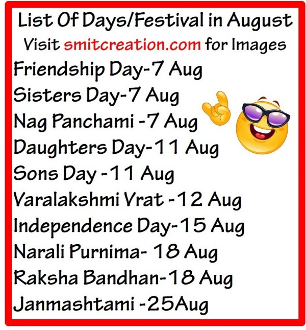 List Of Days/Festival in August