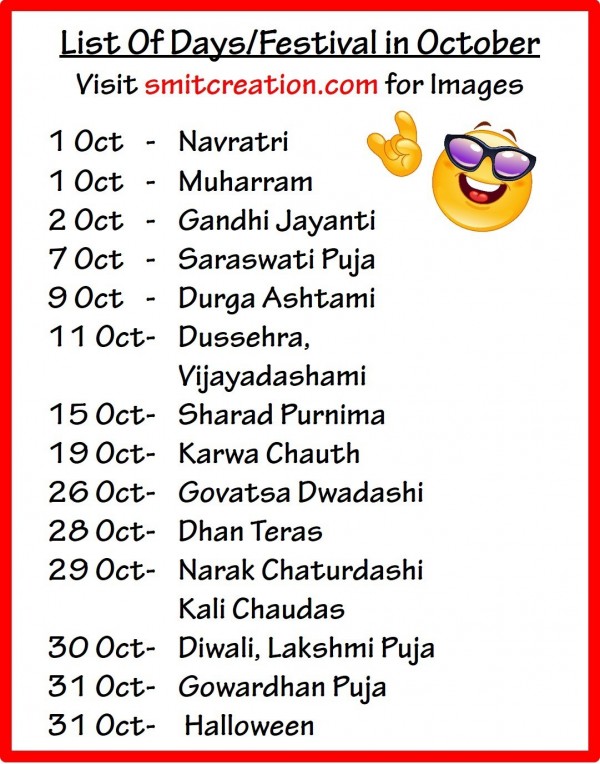 List Of Days/Festival in October 2016