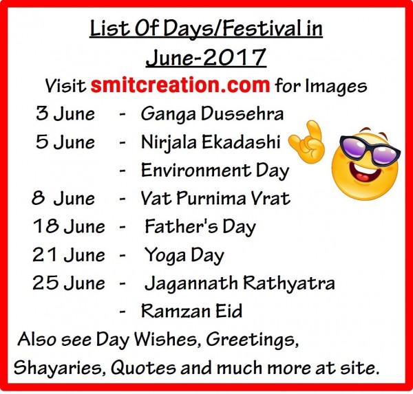 List Of Days/Festival in June – 2017