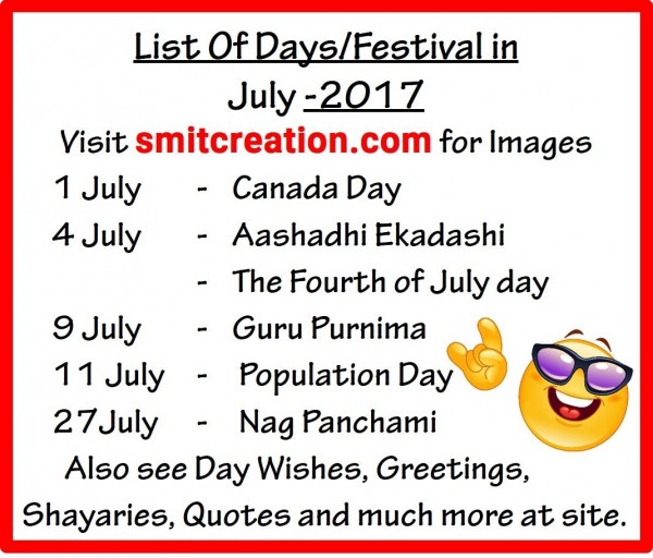 List Of Days/Festival in July – 2017