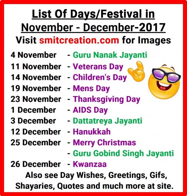 List Of Days/Festival in November-December – 2017