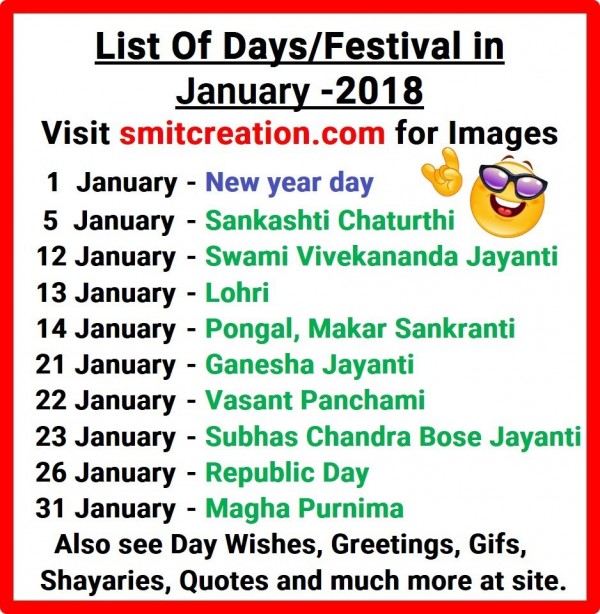 List Of Days/Festival in January – 2018