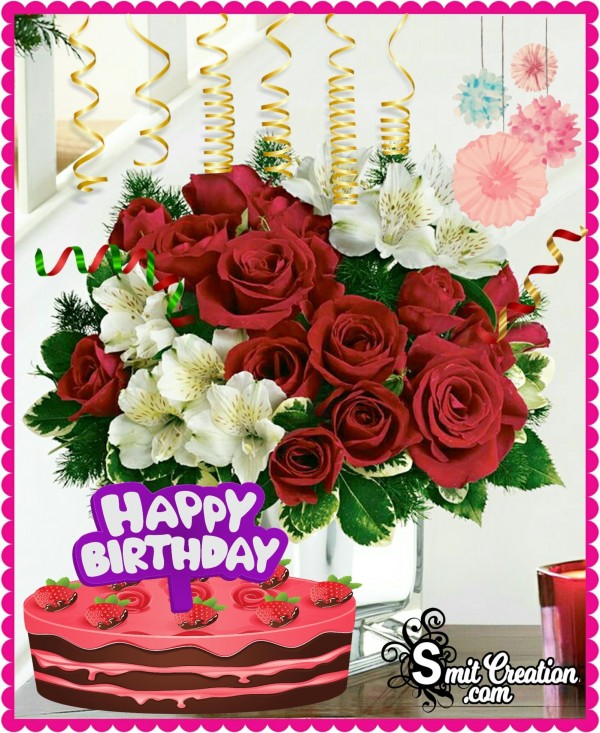 Happy Birthday Flower Bouquet with Cake