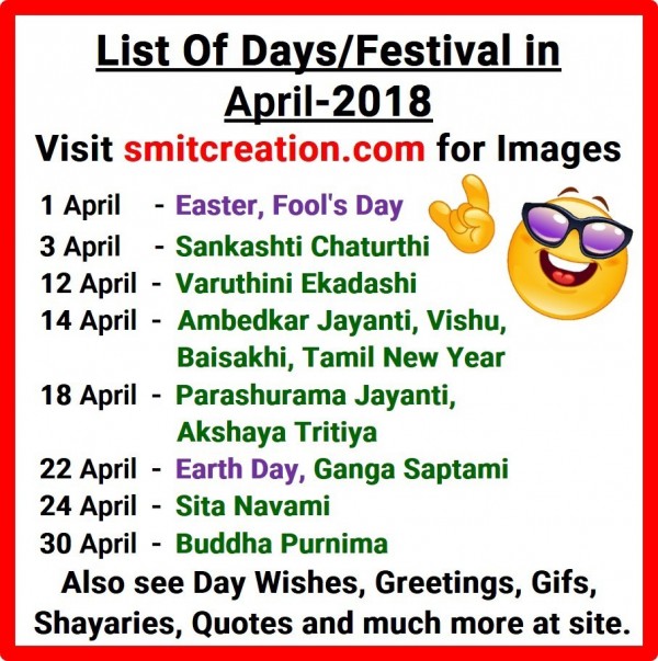 List Of Days/Festival in April – 2018