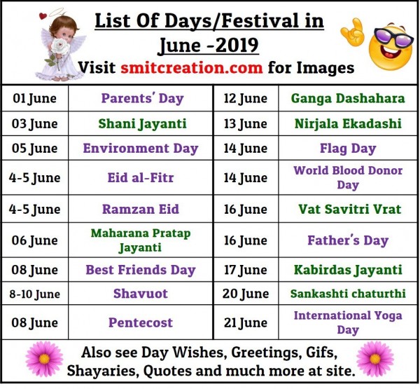 List Of Days/Festival in June 2019