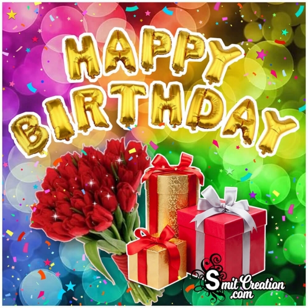 Happy Birthday With Gift & Flower Bouquet Image
