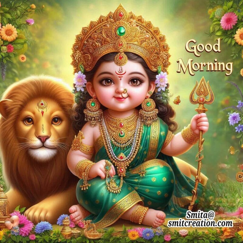 Good Morning Bal Maa Durga In Green Sarre Photo