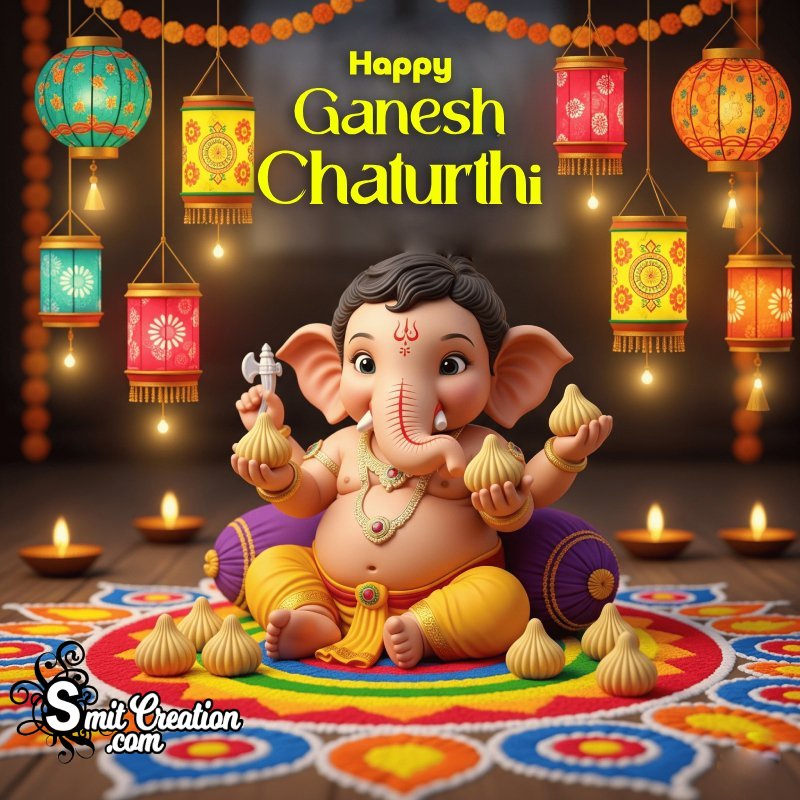 Happy Ganesh Chaturthi Colorful Rangoli Image