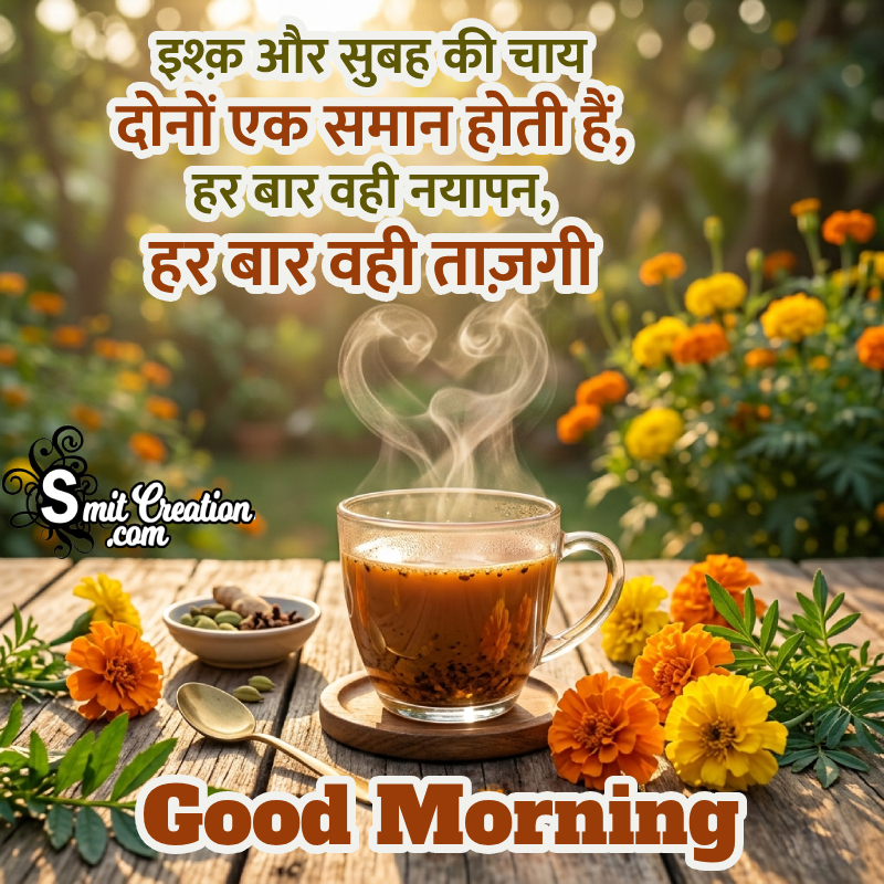 Good Morning Tea Shayari With Sunflowers Picture