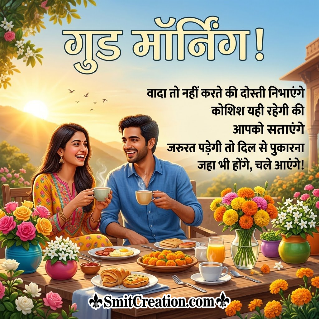 Good Morning Friends Shayari In Hindi With Flower Vase Image