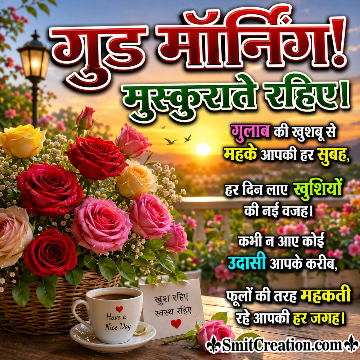 Good Morning Hindi Shayari Pic With Flowers Image