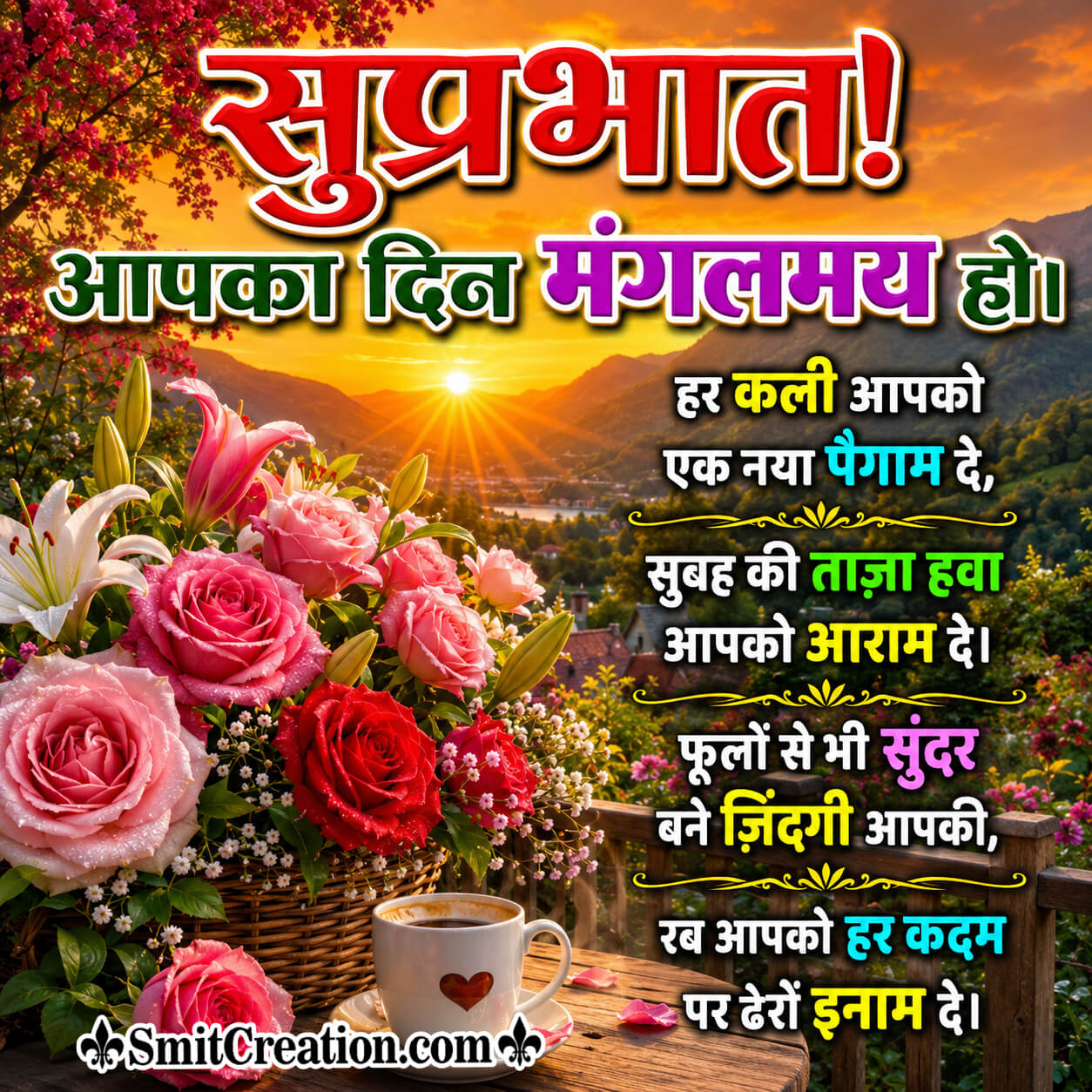 Suprabhat Lovely Flower Hindi Shayari Pic With Cup Of Tea